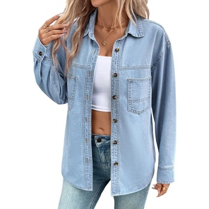 image:imageSidefeel Women Denim Shirts Oversized Long Sleeve Button Down Blouse V Neck Casual Top ShacketsSky Blue