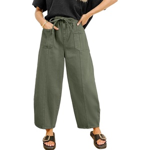 image:imageSidefeel Womens Baggy Wide Leg Jeans Elastic Waist Drawstring Front Seam Ankle High Waisted Barrel JeansGreen