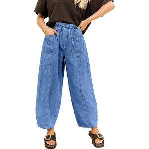 image:imageSidefeel Womens Baggy Wide Leg Jeans Elastic Waist Drawstring Front Seam Ankle High Waisted Barrel JeansLight Blue