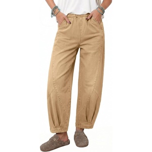 image:imageSidefeel Womens Barrel Jeans High Waisted Elastic Stretchy Baggy Wide Leg Jeans Trendy Patchwork Loose Ankle Denim PantsKhaki