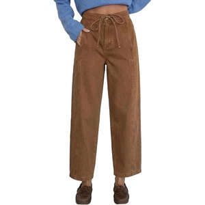 image:imageSidefeel Womens Barrel Jeans High Waisted Stretchy Drawstring Ankle Tapered Denim Pants with PocketsBrown