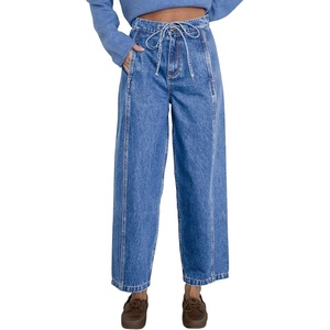 image:imageSidefeel Womens Barrel Jeans High Waisted Stretchy Drawstring Ankle Tapered Denim Pants with PocketsLight Blue