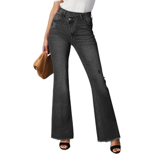 image:imageSidefeel Womens Bell Bottom Flare Jeans High Waisted Stretchy Ripped Distressed Raw Hem Denim Pants with PocketsBlack