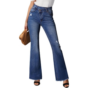 image:imageSidefeel Womens Bell Bottom Flare Jeans High Waisted Stretchy Ripped Distressed Raw Hem Denim Pants with PocketsBluing