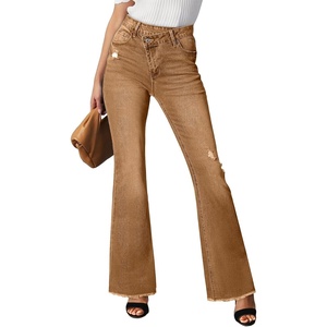 image:imageSidefeel Womens Bell Bottom Flare Jeans High Waisted Stretchy Ripped Distressed Raw Hem Denim Pants with PocketsBrown