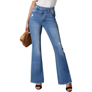 image:imageSidefeel Womens Bell Bottom Flare Jeans High Waisted Stretchy Ripped Distressed Raw Hem Denim Pants with PocketsDark Blue