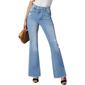 image:imageSidefeel Womens Bell Bottom Flare Jeans High Waisted Stretchy Ripped Distressed Raw Hem Denim Pants with PocketsIceland Blue