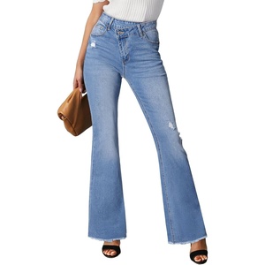 image:imageSidefeel Womens Bell Bottom Flare Jeans High Waisted Stretchy Ripped Distressed Raw Hem Denim Pants with PocketsLight Blue