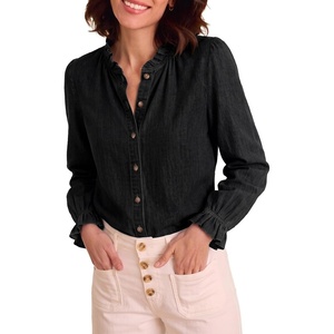 image:imageSidefeel Womens Button Down Denim Shirts Long Sleeve Ruffle Jean Shirts Blouse TopBlack