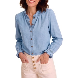 image:imageSidefeel Womens Button Down Denim Shirts Long Sleeve Ruffle Jean Shirts Blouse TopIceland Blue