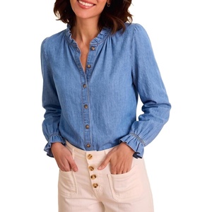 image:imageSidefeel Womens Button Down Denim Shirts Long Sleeve Ruffle Jean Shirts Blouse TopLight Blue