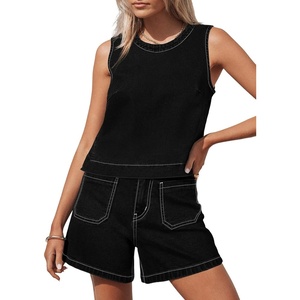 image:imageSidefeel Womens Denim Set Summer 2 Piece Short Sets Sleeveless Jean Top High Waisted Denim ShortsBlack