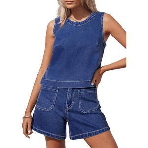 image:imageSidefeel Womens Denim Set Summer 2 Piece Short Sets Sleeveless Jean Top High Waisted Denim ShortsDark Blue