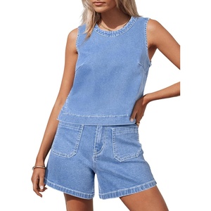 image:imageSidefeel Womens Denim Set Summer 2 Piece Short Sets Sleeveless Jean Top High Waisted Denim ShortsIceland Blue