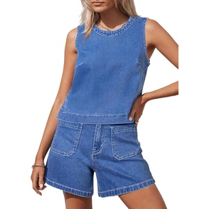 image:imageSidefeel Womens Denim Set Summer 2 Piece Short Sets Sleeveless Jean Top High Waisted Denim ShortsLight Blue