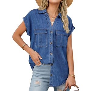 image:imageSidefeel Womens Denim Shirt Button Down V Neck Short Sleeve Jean Shirts Trendy Casual Loose Denim Tops with Oversized FitBlue