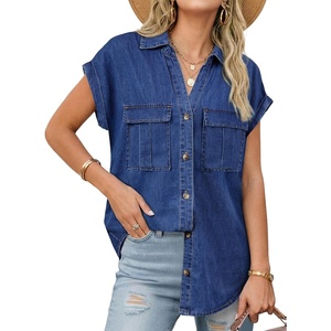 image:imageSidefeel Womens Denim Shirt Button Down V Neck Short Sleeve Jean Shirts Trendy Casual Loose Denim Tops with Oversized FitDark Blue
