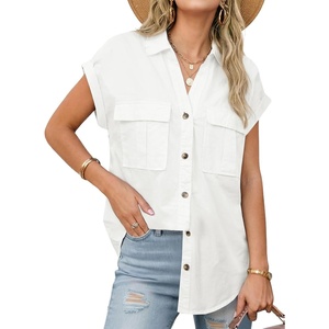 image:imageSidefeel Womens Denim Shirt Button Down V Neck Short Sleeve Jean Shirts Trendy Casual Loose Denim Tops with Oversized FitWhite