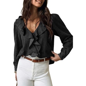 image:imageSidefeel Womens Denim Shirt Ruffled Edge V Neck Casual Long Sleeve 2026 Fall Jean Blouses TopsBlack