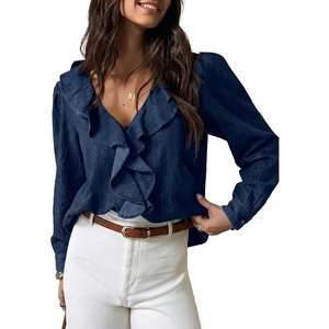 image:imageSidefeel Womens Denim Shirt Ruffled Edge V Neck Casual Long Sleeve 2026 Fall Jean Blouses TopsBluing