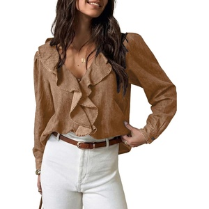 image:imageSidefeel Womens Denim Shirt Ruffled Edge V Neck Casual Long Sleeve 2026 Fall Jean Blouses TopsBrown