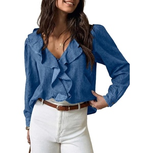 image:imageSidefeel Womens Denim Shirt Ruffled Edge V Neck Casual Long Sleeve 2026 Fall Jean Blouses TopsDark Blue