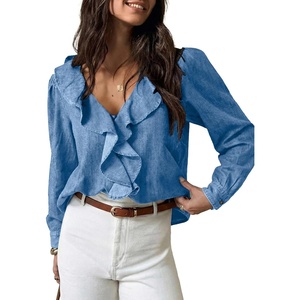image:imageSidefeel Womens Denim Shirt Ruffled Edge V Neck Casual Long Sleeve 2026 Fall Jean Blouses TopsLight Blue