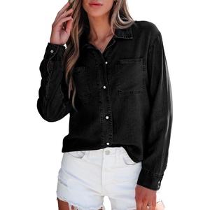 image:imageSidefeel Womens Denim Shirts Button Down Jean Shacket Spring Outfit 2025 Long Sleeve Chambray Blouse TopBlack