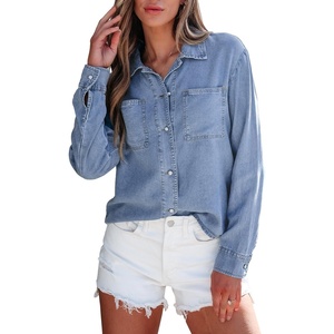 image:imageSidefeel Womens Denim Shirts Button Down Jean Shacket Spring Outfit 2025 Long Sleeve Chambray Blouse TopLight Blue