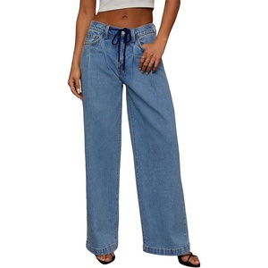 image:imageSidefeel Womens Drawstring Jeans Wide Leg High Waisted Baggy Stretchy Elastic Waist Sweatpant JeansLight Blue