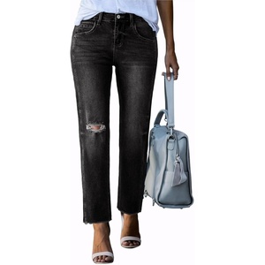 image:imageSidefeel Womens High Waisted Boyfriend Jeans Trendy Ripped Straight Leg Raw Hem Stretchy Ankle Denim PantsBlack