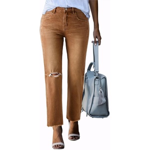 image:imageSidefeel Womens High Waisted Boyfriend Jeans Trendy Ripped Straight Leg Raw Hem Stretchy Ankle Denim PantsBrown