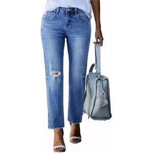 image:imageSidefeel Womens High Waisted Boyfriend Jeans Trendy Ripped Straight Leg Raw Hem Stretchy Ankle Denim PantsLight Blue
