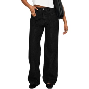 image:imageSidefeel Womens High Waisted Jeans Stretchy Seamed Wide Leg Denim Pants with PocketsBlack