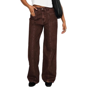 image:imageSidefeel Womens High Waisted Jeans Stretchy Seamed Wide Leg Denim Pants with PocketsChicory Coffee