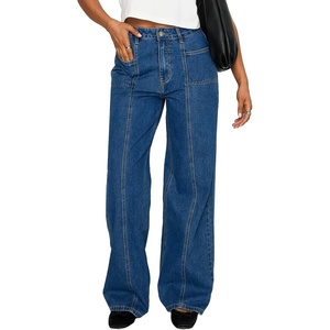 image:imageSidefeel Womens High Waisted Jeans Stretchy Seamed Wide Leg Denim Pants with PocketsDark Blue