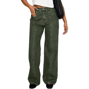 image:imageSidefeel Womens High Waisted Jeans Stretchy Seamed Wide Leg Denim Pants with PocketsGreen