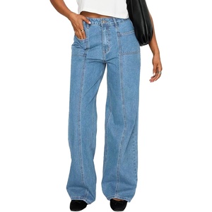 image:imageSidefeel Womens High Waisted Jeans Stretchy Seamed Wide Leg Denim Pants with PocketsIceland Blue