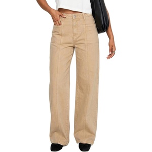 image:imageSidefeel Womens High Waisted Jeans Stretchy Seamed Wide Leg Denim Pants with PocketsKhaki
