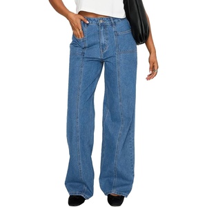 image:imageSidefeel Womens High Waisted Jeans Stretchy Seamed Wide Leg Denim Pants with PocketsLight Blue