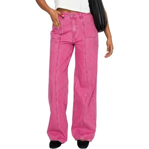 image:imageSidefeel Womens High Waisted Jeans Stretchy Seamed Wide Leg Denim Pants with PocketsRose Red