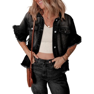 image:imageSidefeel Womens Jean Jacket Casual Short Sleeve Button Down Trendy Ruffle Washed Denim Jacket Fall Outfits 2025Black