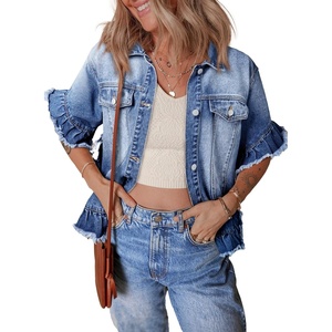 image:imageSidefeel Womens Jean Jacket Casual Short Sleeve Button Down Trendy Ruffle Washed Denim Jacket Fall Outfits 2025Blue