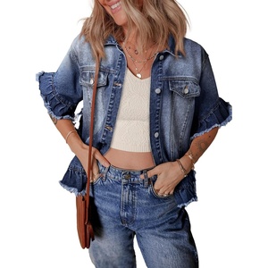 image:imageSidefeel Womens Jean Jacket Casual Short Sleeve Button Down Trendy Ruffle Washed Denim Jacket Fall Outfits 2025Bluing