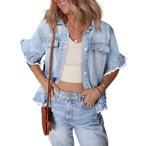 image:imageSidefeel Womens Jean Jacket Casual Short Sleeve Button Down Trendy Ruffle Washed Denim Jacket Fall Outfits 2025Iceland Blue