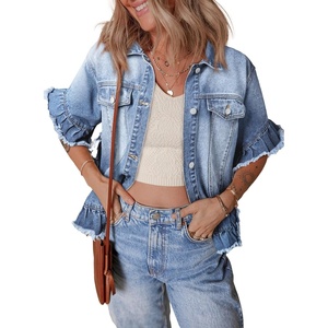 image:imageSidefeel Womens Jean Jacket Casual Short Sleeve Button Down Trendy Ruffle Washed Denim Jacket Fall Outfits 2025Light Blue