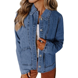 image:imageSidefeel Womens Jean Jacket Long Sleeve Button Down Ruffled Denim Jacket ShacketLight Blue