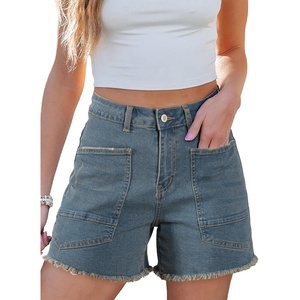 image:imageSidefeel Womens Jean Shorts Casual Summer High Waisted Stretchy Raw Hem Denim Shorts with PocketsStone Blue