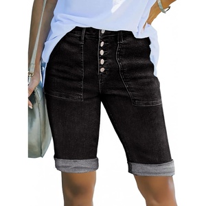 image:imageSidefeel Womens Jean Shorts High Waisted Stretchy Button Fly Folded Hem Trendy Casual Summer Bermuda ShortsBlack