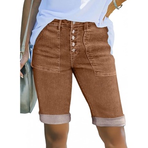image:imageSidefeel Womens Jean Shorts High Waisted Stretchy Button Fly Folded Hem Trendy Casual Summer Bermuda ShortsBrown